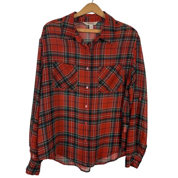 Decree Women Sheer Plaid Button Up Shirt Top Large Christmas Holiday Academia - Picture 1 of 7